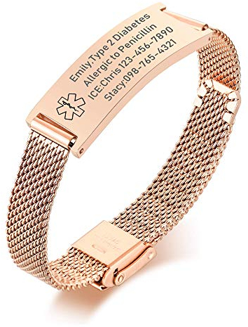 VNOX Personalized Medical ID Bracelet, Customized Medical Alert Bracelets for Men Women, Stainless Steel Rose Gold Mesh Band Adjustable Free Engraving Emergency Identification Wristband