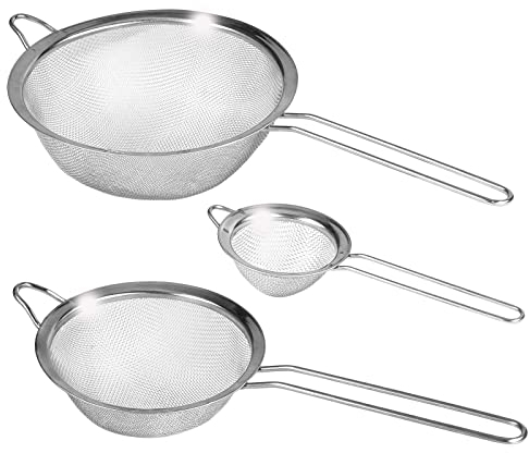 Smart-Planet Set di 3 colini in metallo di diverse dimensioni – colino a maglia fine in acciaio inox – per insalata farina zucchero a velo – colino da cucina con manico