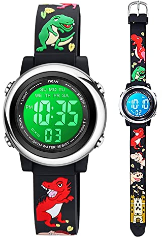 Kleinkind Kinder Digitaluhren für Mädchen Jungen,3D Cute Cartoon 7 Farblichter wasserdichte Sport Elektronische Armbanduhr mit Alarm Stoppuhr für 3-10 Jahre Kinder (Dinosaurier 2-Schwarz)