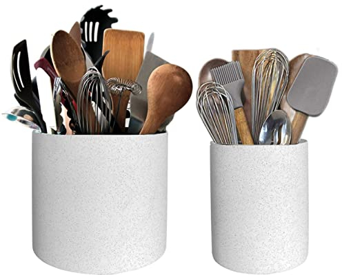 Olly & Rose White Toughened Ceramic Utensil Holders Set 2 - White with Black speckles 16cm + 11cm - Kitchen Utensil Holder and Bathroom Use