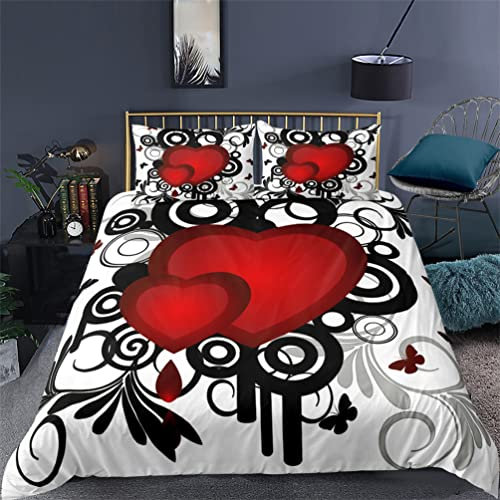 Tomifine Housse de Couette 140x200 cm Coeur Rose Rouge Parure de Lit Motif 3D Sets De Housse Couette avec Fermeture Éclair et 2 Taies d'oreiller 65x65cm (240x260 cm,Rouge b)