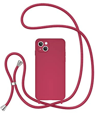 UEEBAI Crossbody Lanyard Phone case for iPhone 14 Plus 6.7 inch, Silicone Phone Cover Necklace Cord Strap Soft Shockproof Protective Case - Rose Red