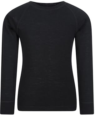 Mountain Warehouse Merino Kids Round Neck Thermal Baselayer Top – Long Sleeve, Lightweight, Antibacterial, Breathable & Quick Dry T-Shirt - Travelling & Outdoors Black Kids Size 11-12 Years