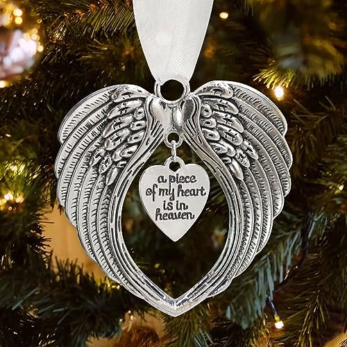 MOTONG Christmas Memorial Ornament Baubles, Angel Wings Pendants Shape ”a piece of my heart is in heaven” Sweet Heart Shaped Ornaments For Christmas Tree Hanging Decoration