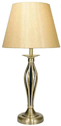 Antique Brass Vintage Open Metalwork Table Lamp with Gold Faux Silk Tapered Drum Shade | 53cm Height | 1 x ES E27 Lamp Bulb Required | UK Approved | in-Line On Off Switch