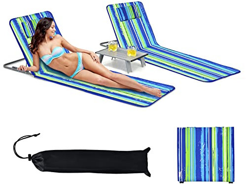GOPLUS 2PCS Matelas de Plage Réglable à 5 Positions avec Table Basse, 2 Tapis de Plage avec Appuie-têtes, Table d’Appoint Portable, Conception Pliable, Idéal pour Patio, Piscine, Terrasse (Bleu-Vert)