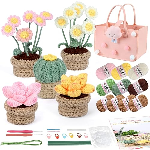 UHAPEER Kit de crochet pour débutants – Lot de 5 plantes en pot, facile à apprendre à crocheter pour adultes et enfants avec instructions et tutoriels vidéo, cactus marguerite succulente