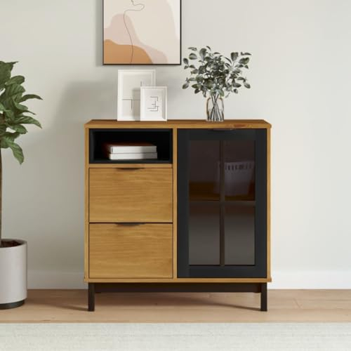 Homgoday Sideboard mit Glastür Aufbewahrungsschrank Anrichte Beistellschrank Büroschrank Mehrzweckschrank Standschrank Flurschrank Modern für Wohnzimmer FLAM 80x40x80 cm Massivholz Kiefer