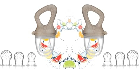 Magaluga 2er Fruchtsauger Baby Set mit 6 Sauger in verschiedenen Größen - für Babys ab 4 Monate Zahnungshilfe Beikost Baby Fruchtschnuller BPA frei (Light Grau Doppelpack)…