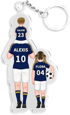 lorajewel Papa Porte-clés Personnalisés Porte-Clés Famille du Football avec 2-4 Prénoms Cadeau Papa Homme Acrylique Porte-clés Cadeau Fete des Peres Noël Anniversaires (blue-3 name)