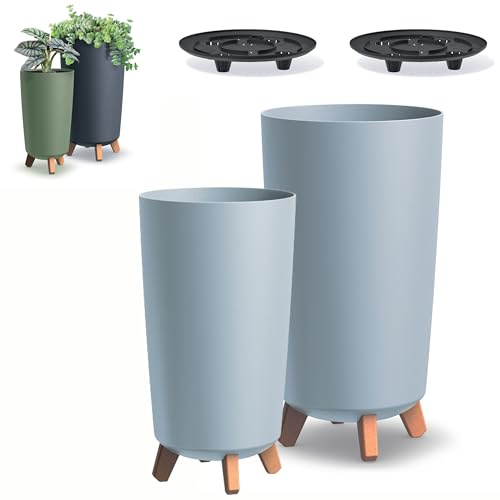 DIKEL 2X Runder Blumentopf ⌀ 19,5 cm x 36,5 und ⌀ 24 cm x 44,5 cm | Pflanzkübel mit Steckfüßen | Übertöpfe für drinnen und draußen | Pflanzentopf Dekoration für Haus und Garten | Grau