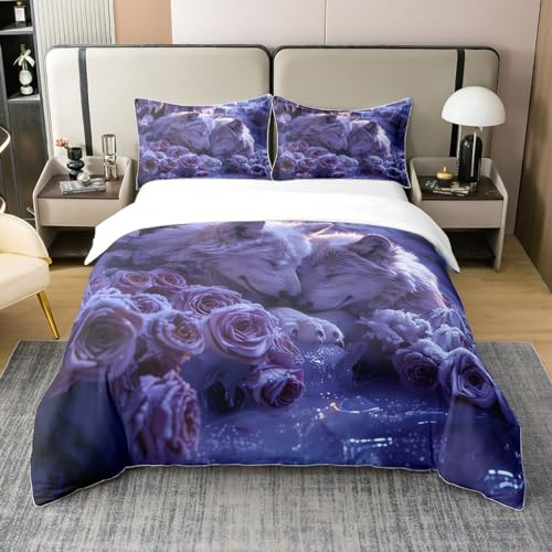 Homewish Coton Blanc Wolf Parure de Lit 240 x 260,3D Wolf Doux Respirant Ensemble de Literie Rose Romantique Housse de Couette 240 x 260 Safair Animaux Imprimer Couvre Lit Hommes Femmes Violet