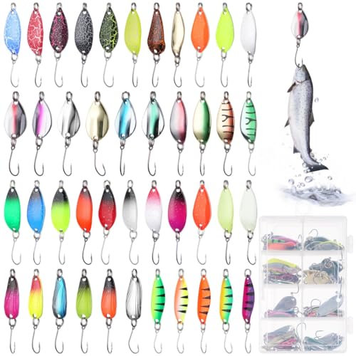 Chewtoyo Esche a cucchiaino per pesca alla trota, 43 pezzi, set di cucchiai per trota con scatola portaoggetti, esche con paillettes a gancio singolo, per luccio, lucioperca, pesce persico, trota, 2G,