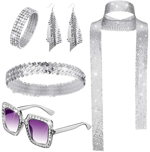 NebulaGlam 70er Jahre Disco Zubehör - Kostüm Glitzer Pailletten Stulpen, Sonnenbrille Ohrringe Armband und Stirnband, 70er 80er Jahre Outfit Damen für Fasching Karneval (Silber)