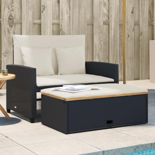 Tidyard Gartensofa mit Kissen 2-Sitzer, Outdoor Sofa mit Hocker mit Staufach, Couch mit abnehmbarm Bezug, Gartebmöbel Gartengarnitur, Schwarz Poly Rattan Akazienholz