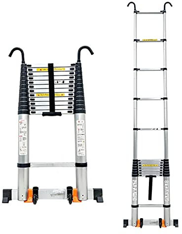 LWHEASY Kompakte Teleskopleiter aus Aluminium, 26 23 20 12,5 16,5 24 8,5 10 Fuß, Teleskopleiter mit Dachhaken für Dachboden, Wohnmobil, Dachtreppe, Camper, hohe Teleskop-Ausziehleiter aus Aluminium,