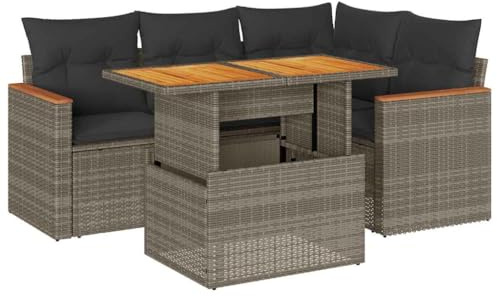 vidaXL 5-TLG. Garten-Sofagarnitur mit Kissen Grau Poly Rattan Akazie