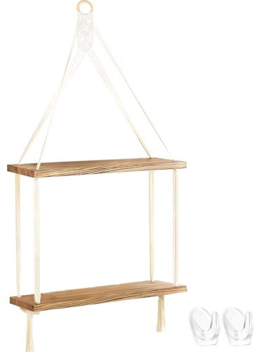 WATUNID Hängeregal mit Seil, 2 Ebenen Vintage Hängeregal Holz mit 2 Haken, 80cm Makramee Wandbehang Boho Deko, Chic Wand Storage Regal für Wohnzimmer, Bad, Schlafzimmer, Pflanzen Stand Display