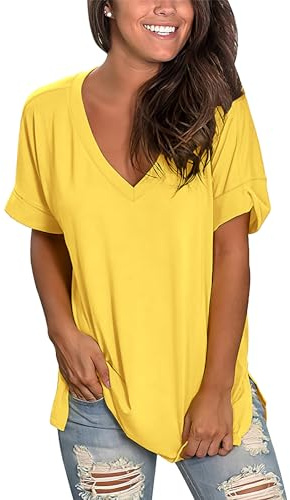 Voqeen Oversized T-Shirts for Women Tops Short Sleeve V Neck Basic Summer Tee Tops Ladies Solid Casual Loose Shirts