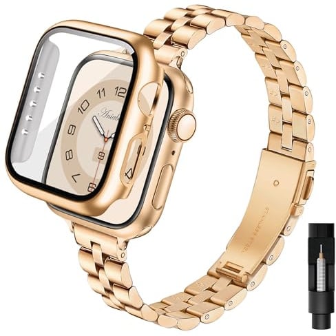 Aniaboho Kompatibel mit Apple Watch Armband 41mm mit Schutzhülle, Ersatz Edelstahl Metall iWatch Armband Damen mit Hülle für Apple Watch Series 9 8 7 41mm, Schmuck für Fraue (RoséGold)