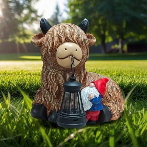 Hochland Kuh GNOME Dekor, Garten Gnomes Statuen Hochland Vieh Mund mit Laterne, Outdoor Ornamente Lustige Dekoration für Yard, Patio, Rasen, Geschenke Geburtstag für Frauen, Muttertag