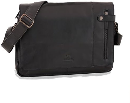 ALMADIH Leder Umhängetasche Herren DYLAN sw Premium Rindsleder Ledertasche Laptop Fach 15 Zoll Aktentasche Messenger Unitasche Schultertasche Freizeittasche Tragetasche unisex schwarz (DYLAN black)
