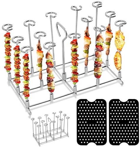 4 PCS Edelstahl Heißluftfritteuse Spießen Grillrost, Heisluftfritöse Zubehör with Silikonpad, Vertikaler Grillrost & Spießen Rack Für Ninja Foodi Af300eu Af400eu Dual Zone Air Fryer