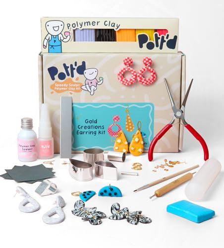 Pott’d Polymer Clay Ohrring-Set – Bastelset für Erwachsene & Einsteiger mit Werkzeugen, Knete und goldfarbenem Zubehör – DIY-Geschenk für kreative Köpfe
