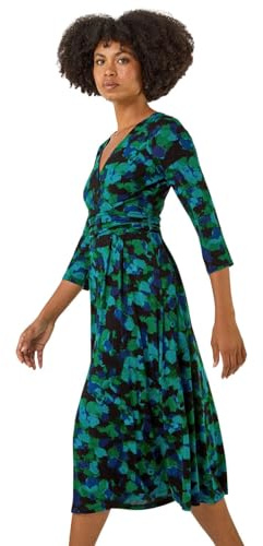 Roman Fit and Flare Dress for Women Ladies Chest Twist Knot Ruched Tea Skater Empire Waist Wedding Guest Smart Casual Swing Midi 3/4 Long Sleeve Knee Length - Green Blue Noir - Size 14
