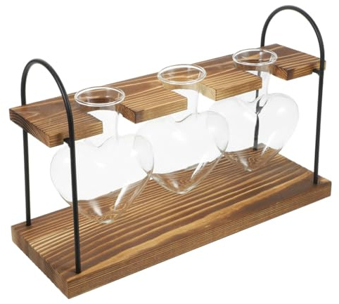 FUNOMOCYA Hydroponischer Glas pflanztopf mit Holzständer Herzförmige Transparente Vase für Pflanzenzucht und Fensterbrett deko Dekoratives Terrarium für Indoor Pflanzen Desktop Pflanzgefäß