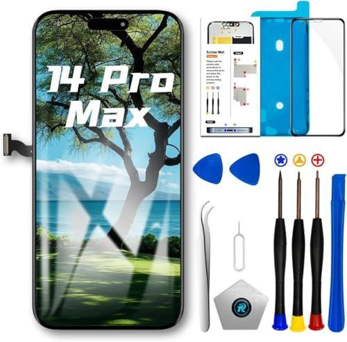 Dinow Display für iPhone 14 Pro Max LCD 6,7'' FHD Ersatzschirm 3D Touch Digitizer Assembly und Reparaturset sowie Displayschutz (Komplett für die Modelle A2894, A2651, A2893, A2896, A2895)