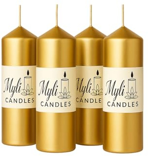 Long Lasting Unscented Metallic Gold Pillar Candle - 40 Hours Burn Time - 6 x 15 cm, 4 Pack