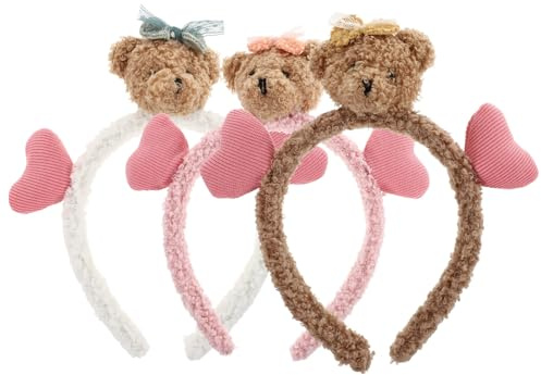 BIUDECO Lot de 3 Bandeaux pour Fille en Peluche Serrage-Têtes Oreilles D’Ours de Cœur Couleurs Kaki Blanc et Rose Accessoires Cheveux pour Fêtes Noël et Usage Quotidien