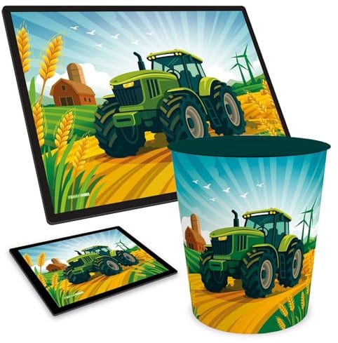 itenga KIDS Motive Serie Schreibtisch-Set 3-teilig – Schreibunterlage 40x53 cm + Mauspad 21x18 cm + Papierkorb 11 L – abwischbar & rutschfest, robust (Traktor TURBO TRAK)