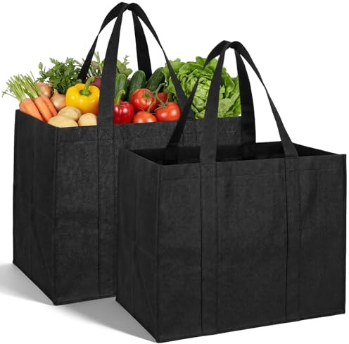 DOPENSPI 2 Stück Schwarze Einkaufstasche Faltbar, 41x26x33cm Große Einkaufstaschen mit Tragegriffen Wiederverwendbare Einkaufskorb mit langem Henkel für Einkaufen Camping Picknick