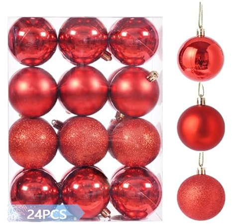 24PCS 4cm/1.57 Shatterproof Christmas Balls Ornaments, Pre-Strung Hanging Xmas Tree Decorations, 3 Styles Holiday Ornaments for Christmas/Halloween/Wedding/Birthday Party Decor (Red)