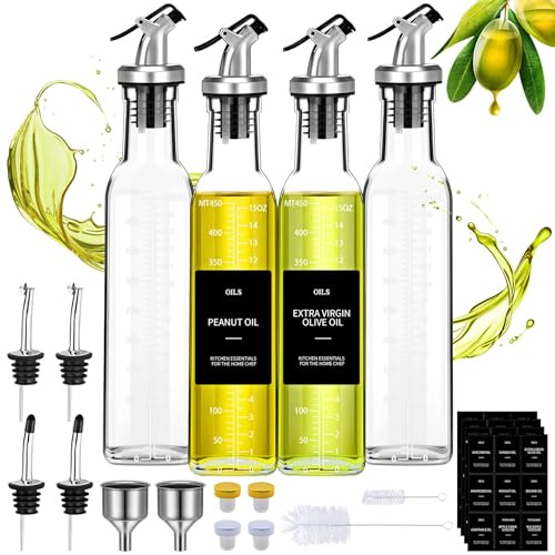 JOTOL Lot De 4 Bouteille Huile Olive,500ml Distributeur D'huile D'olive,Récipient Vinaigre en Verre avec Bec Verseur,Entonnoir en Acier Inoxydable,Étiquettes,pour Cuisine,Grillades,Cuisson,Salade