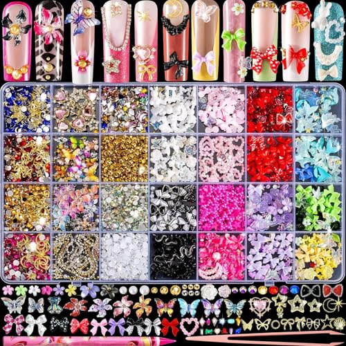 3000+ Stück Nagel Charms 3D Gold Bogen Stern Nail Art Dekoration, XXL Nagelkunst Dekorationen Nagel Edelsteine, 3D Stern Nagel Charms, Flatback Perlen Weiß Beige Nagelzubehör für Damen