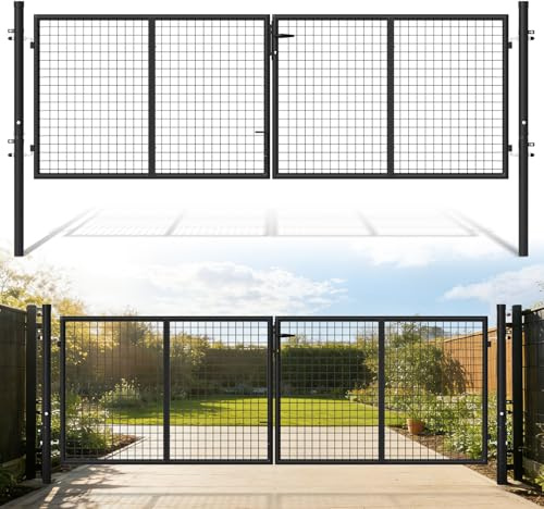 Fogmiea Gartentor, 300x100cm Gartentür aus verzinkter Stahl, Gartenzaun Zauntür mit Schloss, Griff und 3 Schlüsseln, Doppeltor, für Garten Tor Gartenpforte Hoftor, Anthrazit