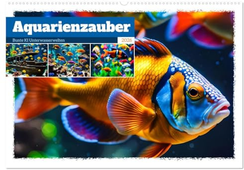 Aquarienzauber - Bunte KI Unterwasserwelten (Wandkalender 2026 DIN A2 quer), CALVENDO Monatskalender: Farbenfrohe Unterwasserwelten mit bunten Aquarienfischen. (CALVENDO Tiere)