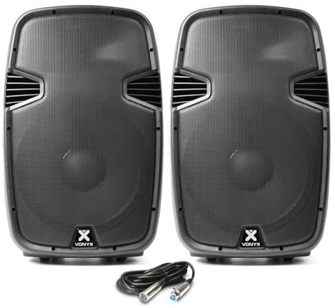 VONYX SPJ1500ABT 15-Inch Active PA Speakers Pair with Bluetooth, USB MP3 Player, Built-in Mixer and XLR Cable - 1600W Professional Powered Speaker Package