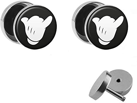 Treuheld® | Set - Comic Hand - 2 Ohrstecker zum Schrauben mit Zeichtrick Motiv - SCHWARZ-WEIßE Fake Plugs - Ø 10mm - Ohrringe Fakeplug - Silber Ohrring in Schwarz-Weiß - Chirurgenstahl Faketunnel