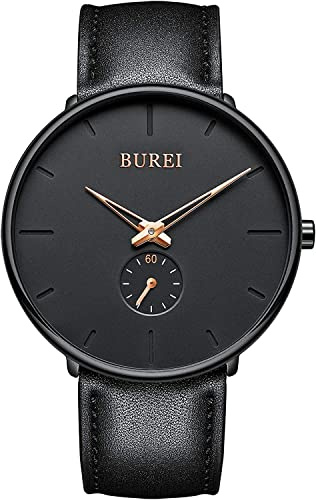BUREI Herrenuhr mit schwarzem Zifferblatt und farbigen Zeigern – Quarzwerk, wasserdicht, Edelstahl – Elegantes Geschenk für Männer