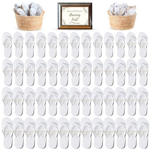 Orca Bulk Flip Flops for Wedding Guest | 52 Pack White Wholesale Flip Flop Sandals | Twine Wrapped Individually with Decorative Size Cards and Wedding Reception Sign Included