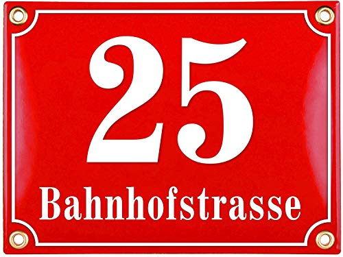 Sosenco Hausnummerschild Hausnummer mit Straßenname - 20x15 cm - Keramik Emaille - Wetterfest - Personalisiert - Rot