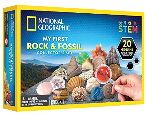 National Geographic Gesteins- und Fossiliensammlung – 20 Steine und Fossilien mit Rosenquarz, Jaspis und mehr, tolles MINT-Wissenschaftsset fur Kinder