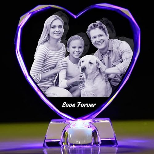 Photo en cristal 2D/3D personnalisée en verre - Souvenir en forme de cœur gravé avec votre propre image (anniversaire, mariage, fête des mères, fête des pères, Saint-Valentin, Noël)