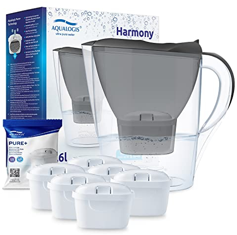 Aqualogis Wasserfilter hellgrau inkl. Filterkartusche – Filter in modernem Design zur Reduzierung von Kalk, Chlor & geschmacksstörenden Stoffen (Graphite, 6 Pure+)
