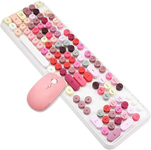 Colorful Wireless Keyboard and Mouse Combo,Cute Typewriter Bubble Keys,Pink | Aesthetic Round Keycaps,Removeable Floating Circle Keys,2.4GHz USB Receiver,Full-size with Number Pad for PC Laptop Desktop