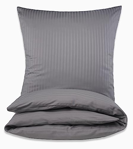 MALIKA® Damast Hotelbettwäsche | Satin Bettwäsche 135x200 mit 80x80 Kissenbezug | Bettwäsche mit Baumwolle für EIN besonders wohliges Hautgefühl, Farbe:Grau Reißverschluss, Größe:135x200 + 80x80
